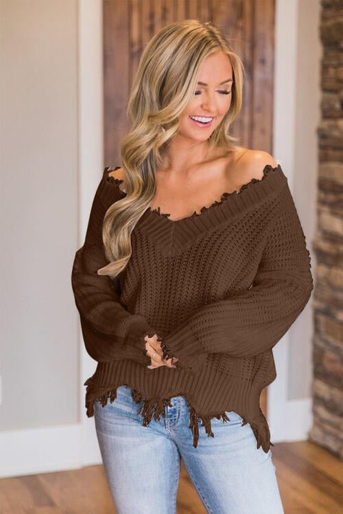 Frayed Hem Dropped Shoulder Sweater - Sweater - Chestnut - Bella Bourget