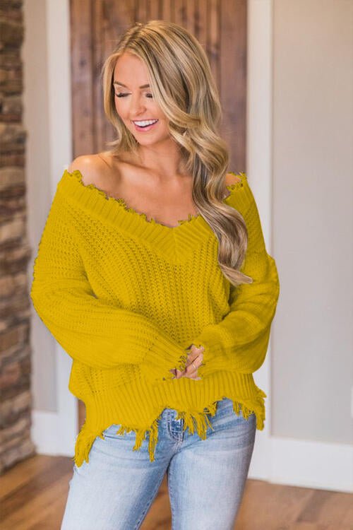 Frayed Hem Dropped Shoulder Sweater - Sweater - Chartreuse - Bella Bourget