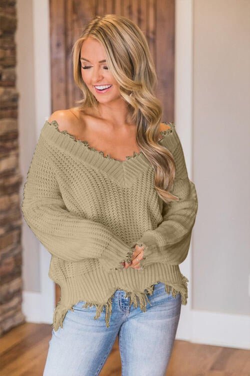 Frayed Hem Dropped Shoulder Sweater - Sweater - Khaki - Bella Bourget