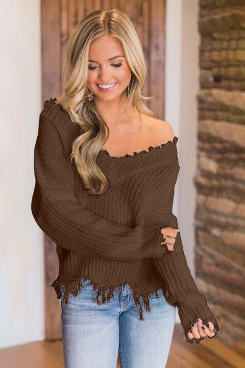 Frayed Hem Dropped Shoulder Sweater - Sweater - Chestnut - Bella Bourget