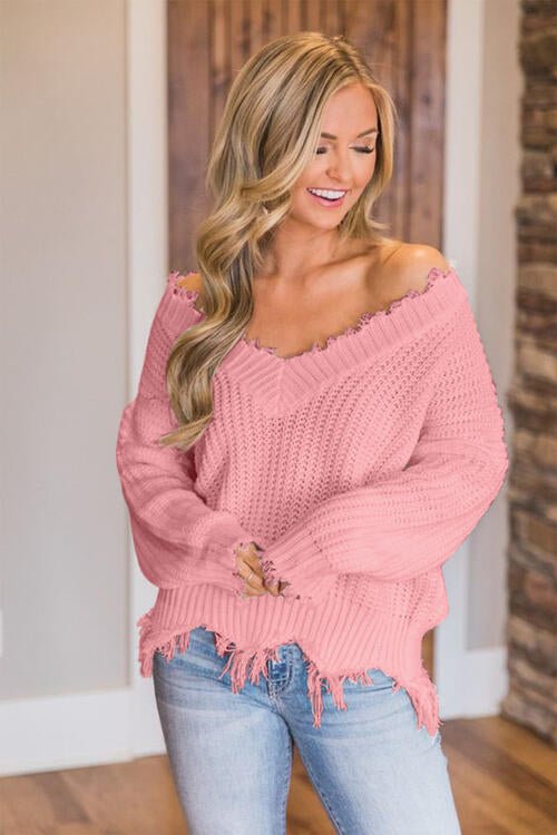 Frayed Hem Dropped Shoulder Sweater - Sweater - Dusty Pink - Bella Bourget