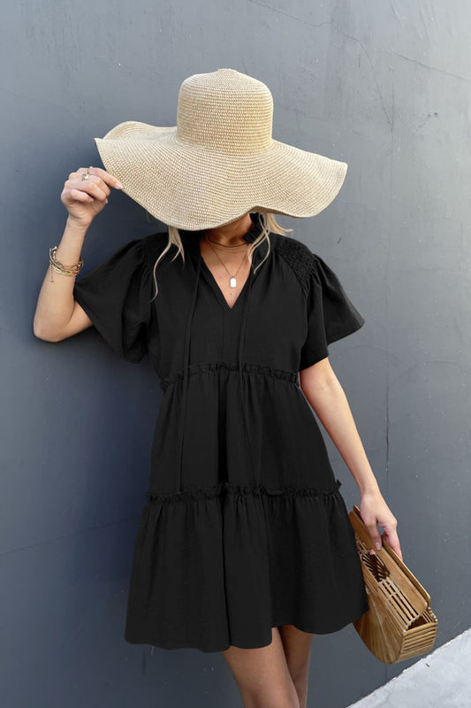 Frill Trim Smocked Tie Neck Dress - Dress - Black - Bella Bourget