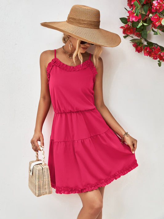 Frill Trim Spaghetti Strap Mini Dress - Dress - Hot Pink - Bella Bourget