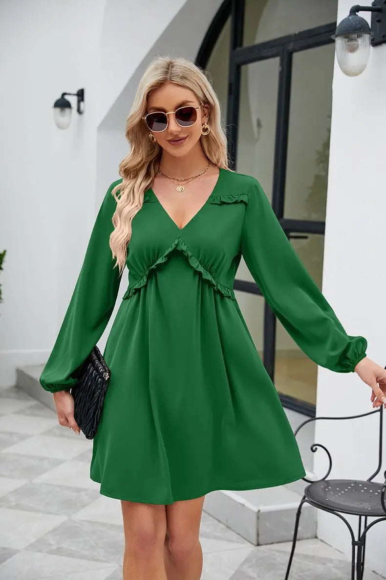 Frill Trim V - Neck Long Sleeve Dress - Dress - Mid Green - Bella Bourget