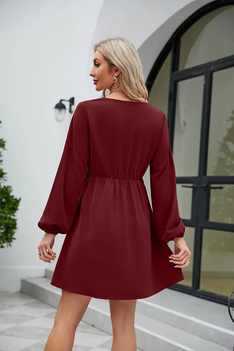 Frill Trim V - Neck Long Sleeve Dress - Dress - Wine - Bella Bourget