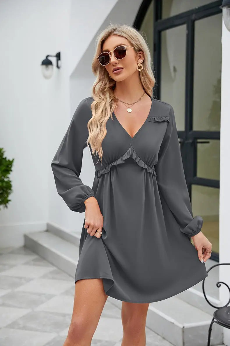 Frill Trim V - Neck Long Sleeve Dress - Dress - Charcoal - Bella Bourget