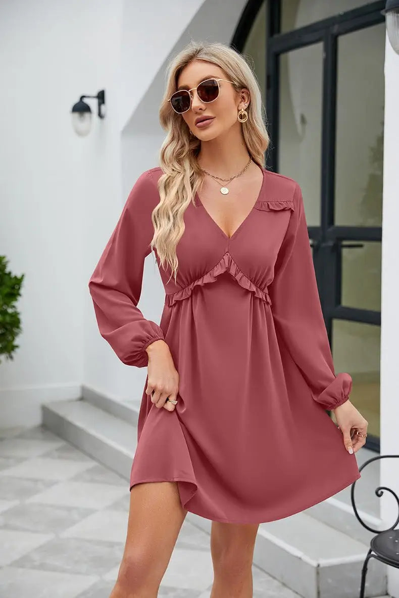 Frill Trim V - Neck Long Sleeve Dress - Dress - Light Mauve - Bella Bourget