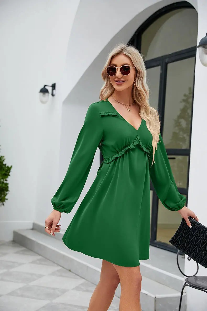 Frill Trim V - Neck Long Sleeve Dress - Dress - Mid Green - Bella Bourget