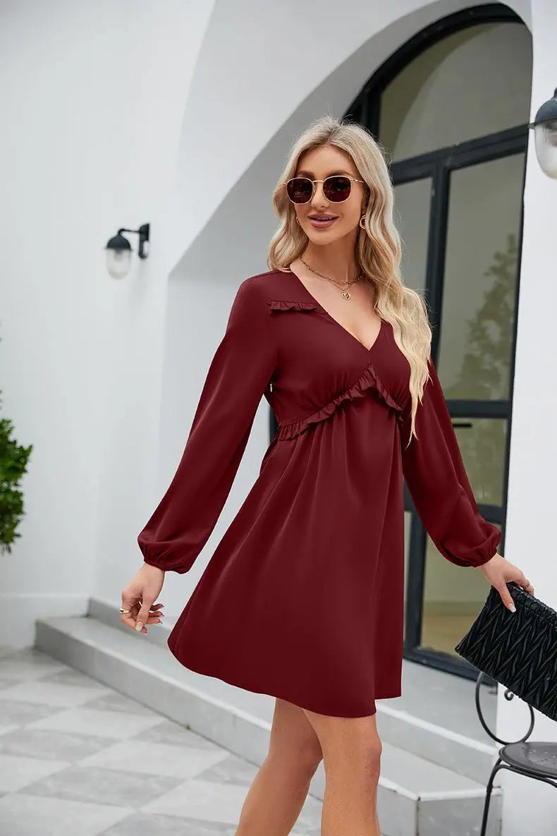 Frill Trim V - Neck Long Sleeve Dress - Dress - Wine - Bella Bourget