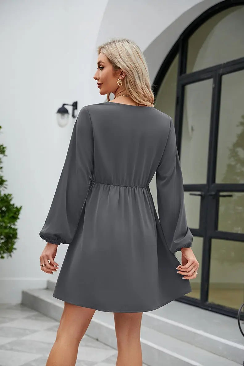 Frill Trim V - Neck Long Sleeve Dress - Dress - Charcoal - Bella Bourget