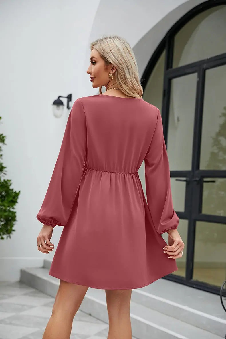 Frill Trim V - Neck Long Sleeve Dress - Dress - Light Mauve - Bella Bourget