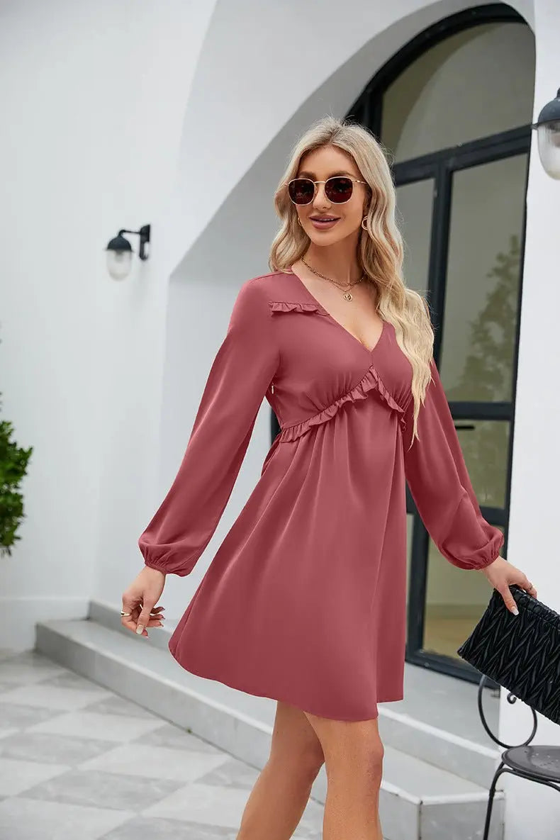 Frill Trim V - Neck Long Sleeve Dress - Dress - Light Mauve - Bella Bourget