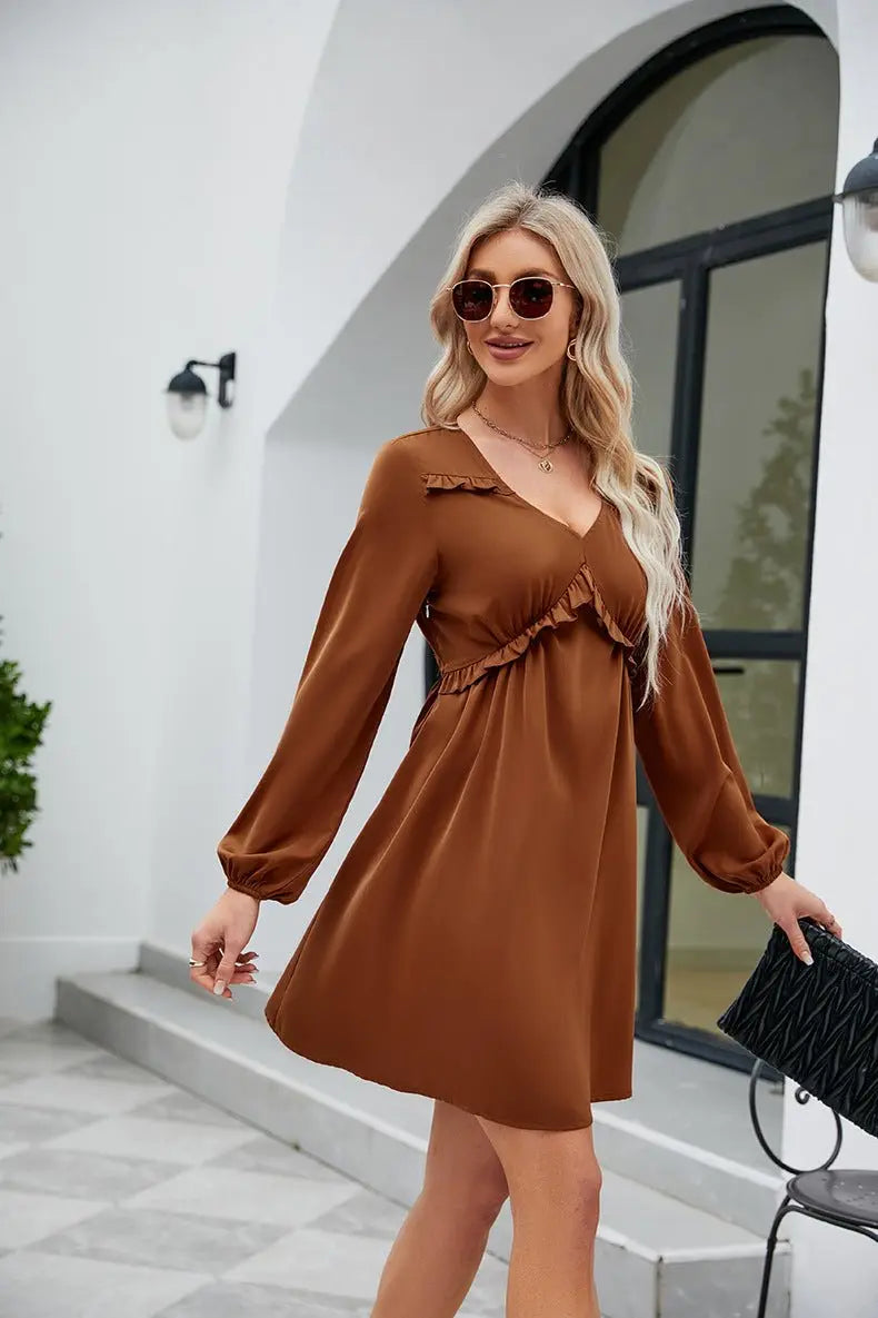 Frill Trim V - Neck Long Sleeve Dress - Dress - Caramel - Bella Bourget