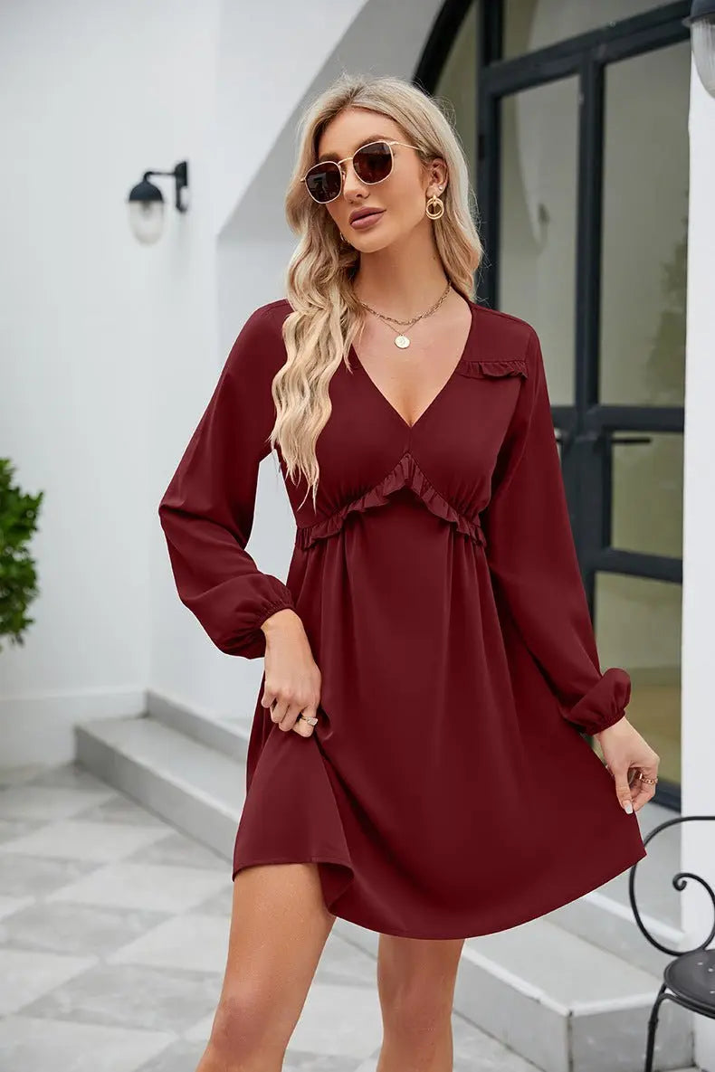 Frill Trim V - Neck Long Sleeve Dress - Dress - Wine - Bella Bourget