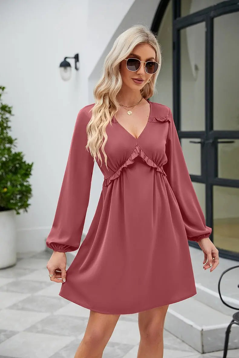 Frill Trim V - Neck Long Sleeve Dress - Dress - Light Mauve - Bella Bourget