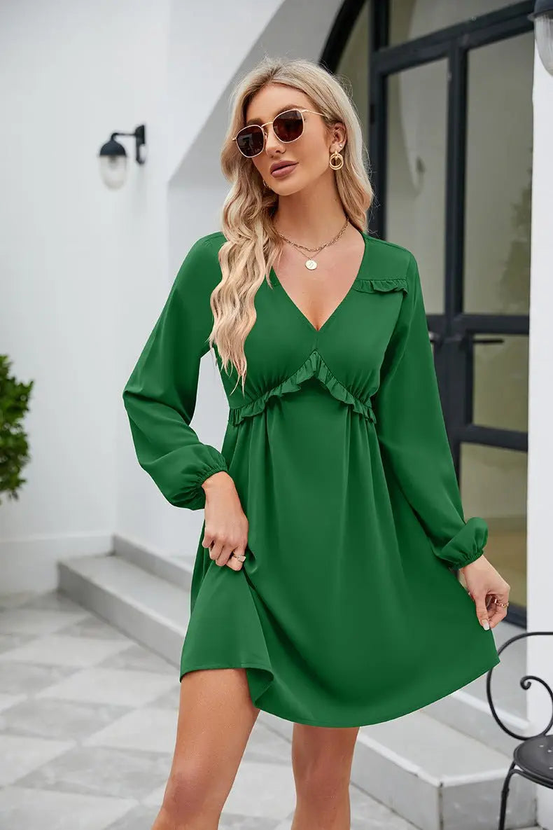 Frill Trim V - Neck Long Sleeve Dress - Dress - Mid Green - Bella Bourget