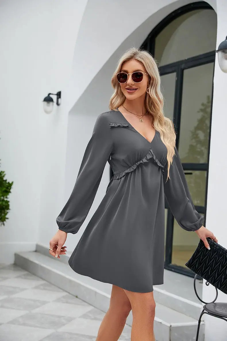 Frill Trim V - Neck Long Sleeve Dress - Dress - Charcoal - Bella Bourget