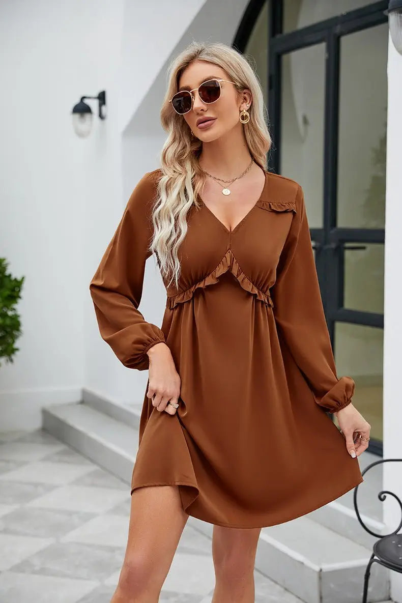 Frill Trim V - Neck Long Sleeve Dress - Dress - Caramel - Bella Bourget