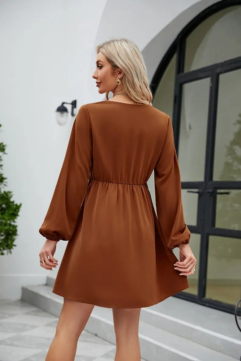 Frill Trim V - Neck Long Sleeve Dress - Dress - Caramel - Bella Bourget