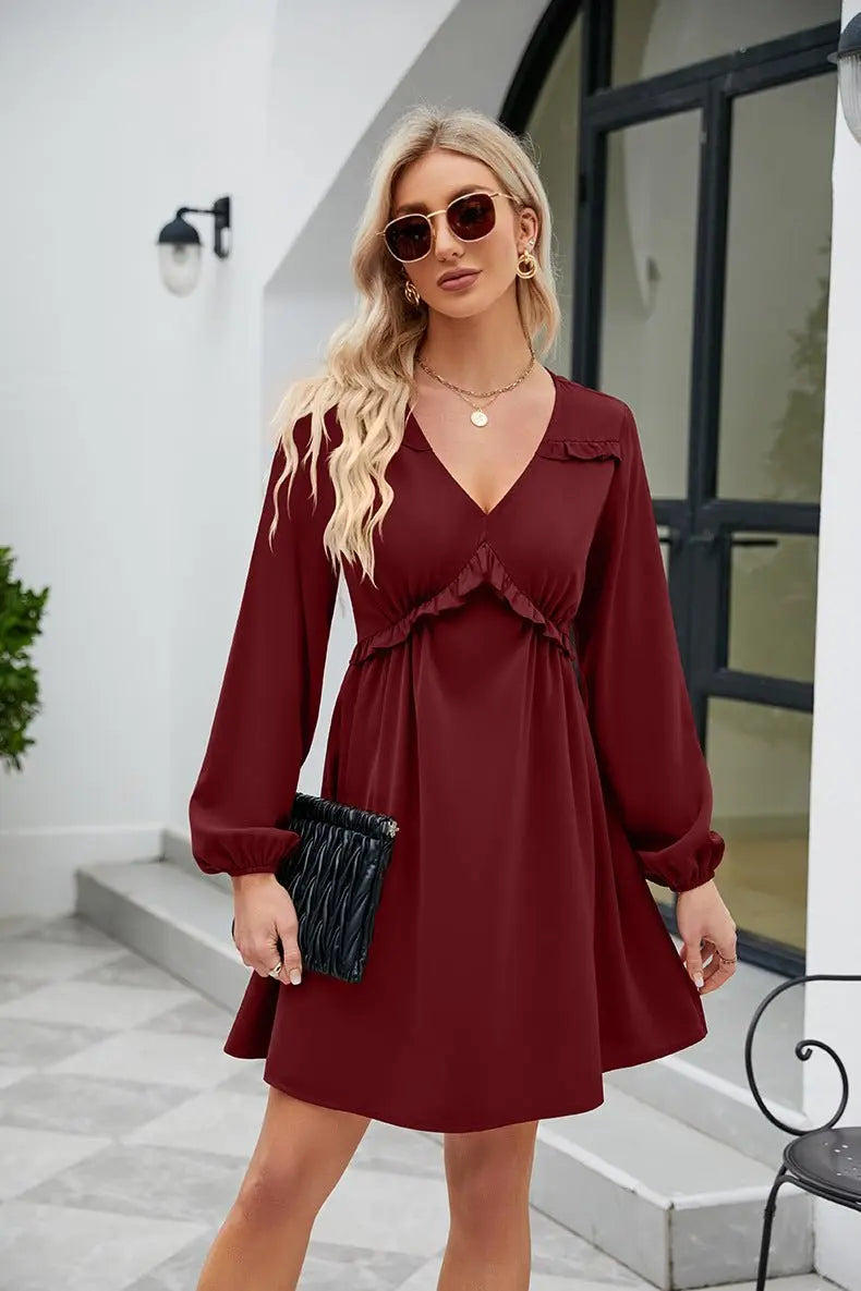 Frill Trim V - Neck Long Sleeve Dress - Dress - Wine - Bella Bourget