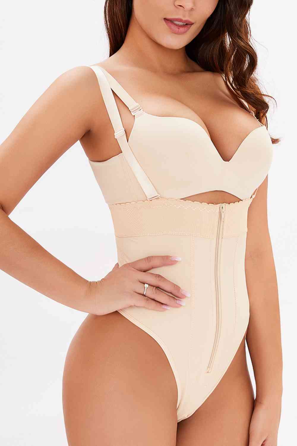 Full Size Adjustable Strap Zip - Up Shaping Bodysuit - Bodysuit - Apricot - Bella Bourget