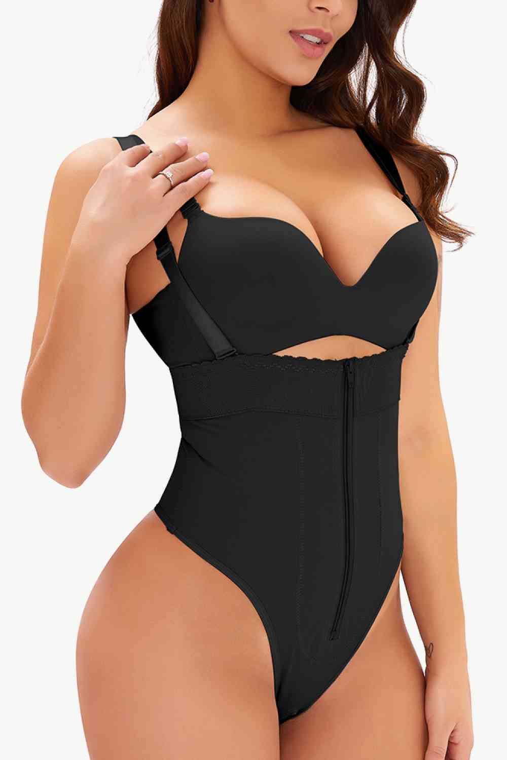 Full Size Adjustable Strap Zip - Up Shaping Bodysuit - Bodysuit - Black - Bella Bourget