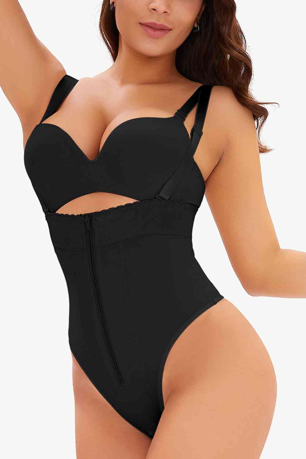 Full Size Adjustable Strap Zip - Up Shaping Bodysuit - Bodysuit - Black - Bella Bourget