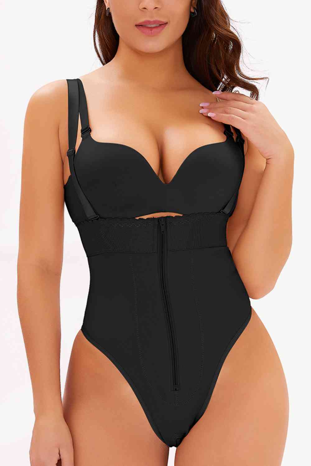 Full Size Adjustable Strap Zip - Up Shaping Bodysuit - Bodysuit - Black - Bella Bourget