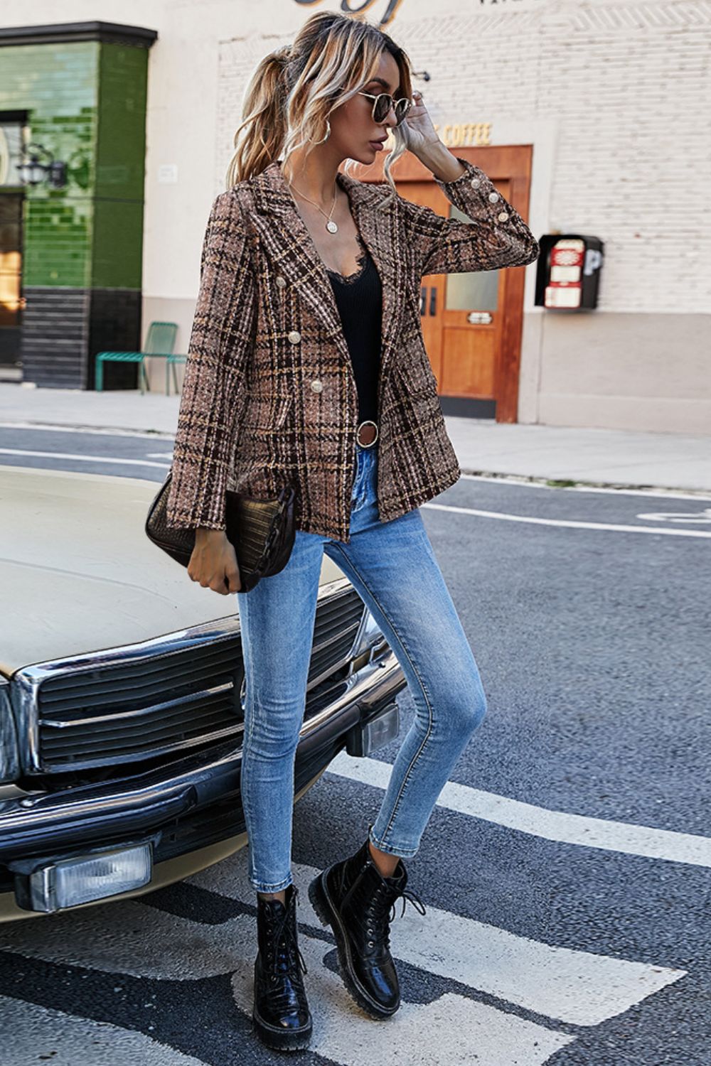 Full Size Brown Plaid Buttoned Blazer - Full Size Blazer - Brown - Bella Bourget