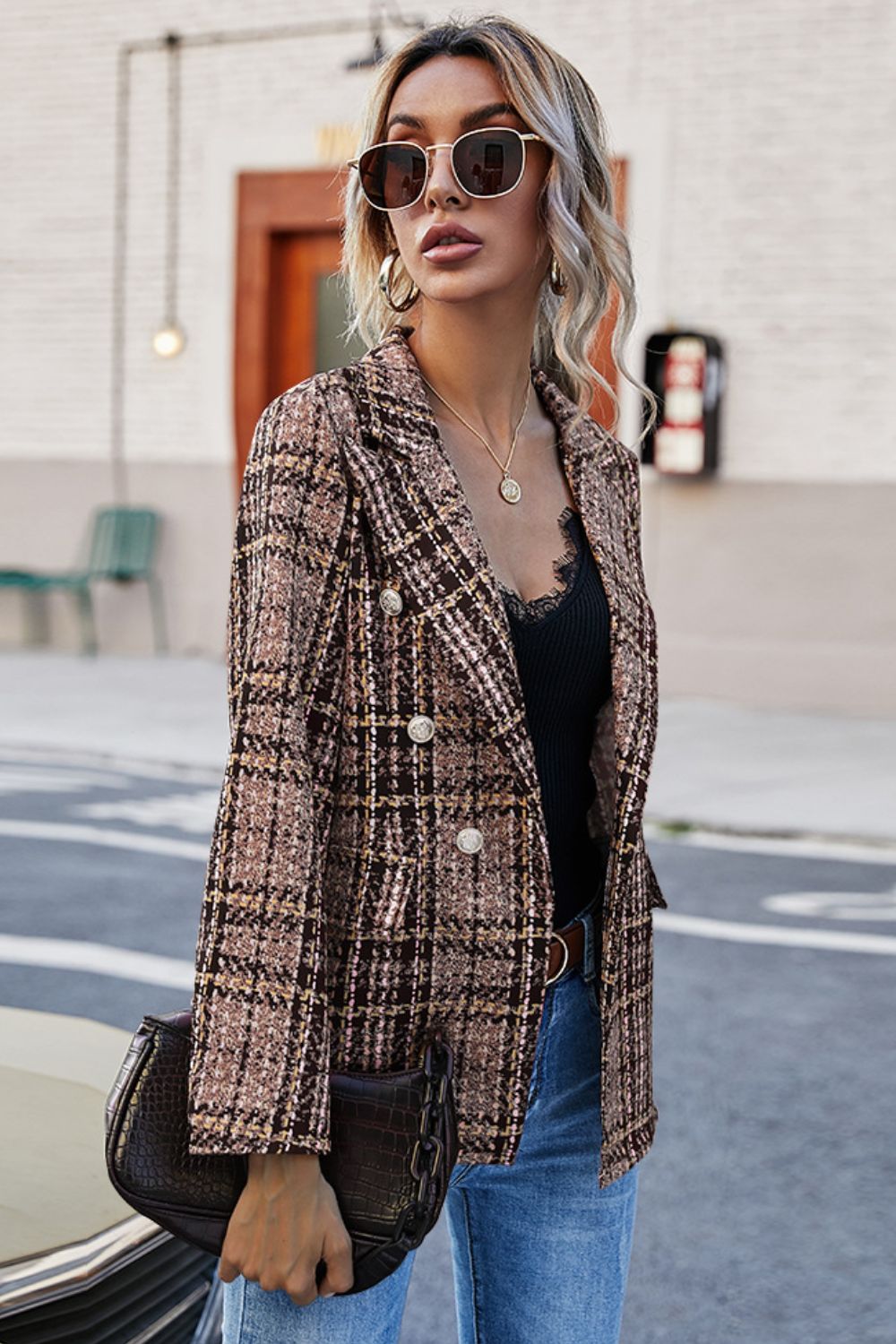 Full Size Brown Plaid Buttoned Blazer - Full Size Blazer - Brown - Bella Bourget