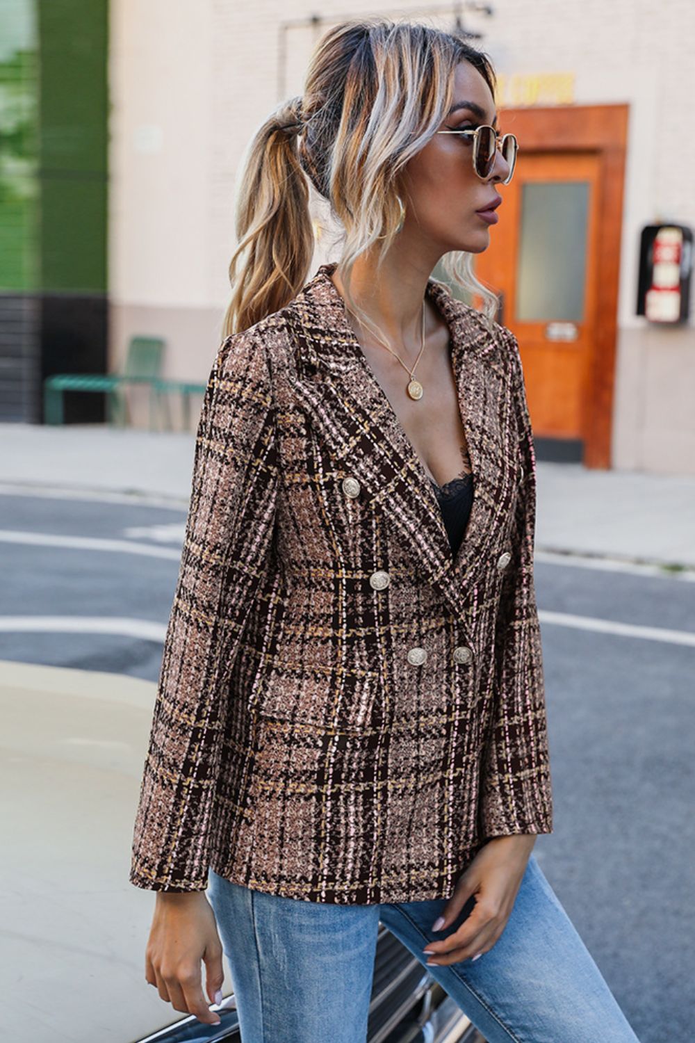 Full Size Brown Plaid Buttoned Blazer - Full Size Blazer - Brown - Bella Bourget