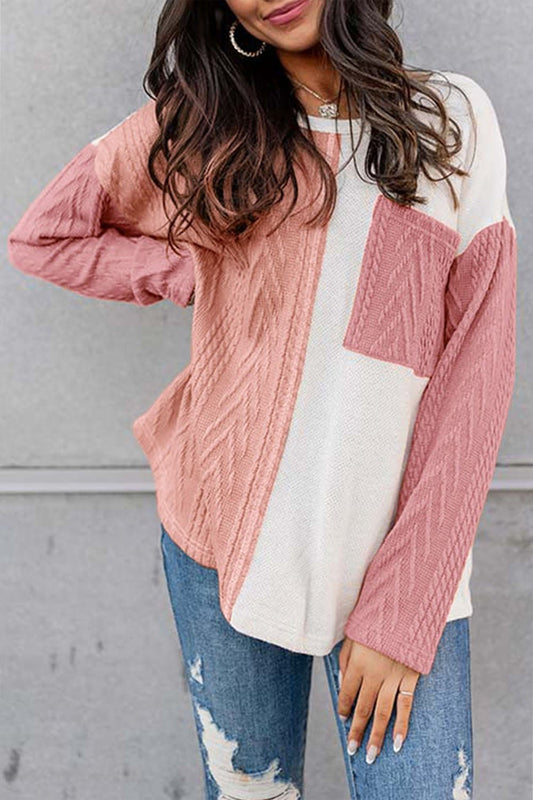 Full Size Color Block Cable - Knit Sweater - Full Size Knit Top - Dusty Pink - Bella Bourget