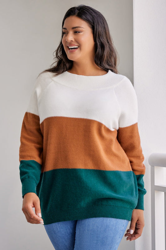 Full Size Color Block Long Sleeve Sweater - Full Size Knit Top - Caramel - Bella Bourget