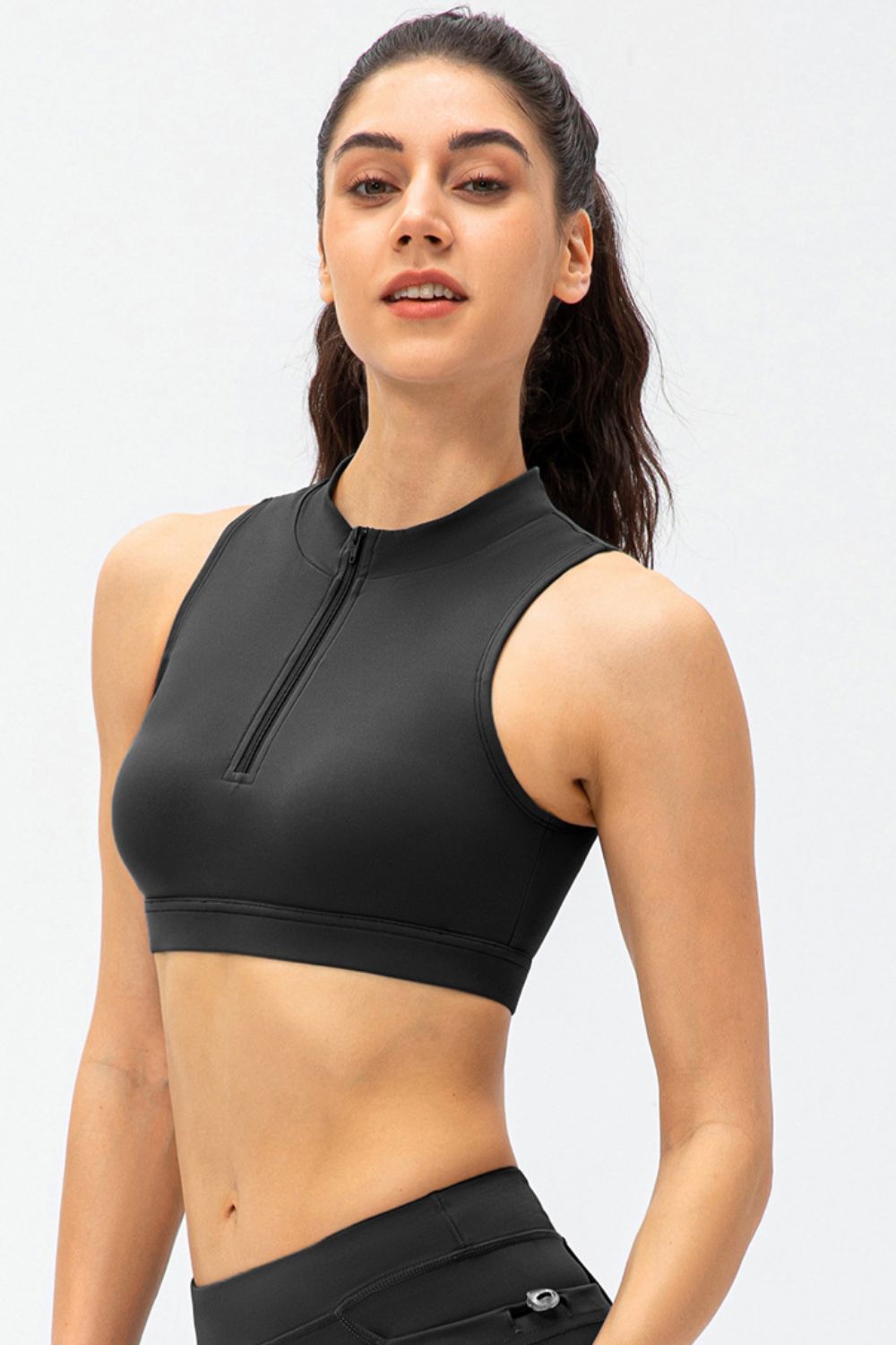 Full Size Cropped Cutout Back Zipper Front Active Tank Top - Active Top - Black - Bella Bourget