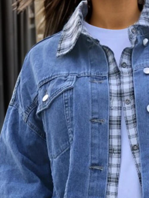 Full size denim jacket with a plaid collar - Full Size Jacket - Medium - Bella Bourget