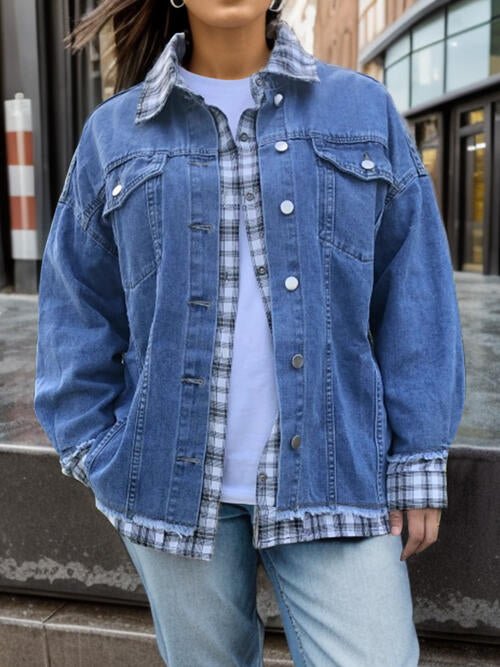 Full size denim jacket with a plaid collar - Full Size Jacket - Medium - Bella Bourget