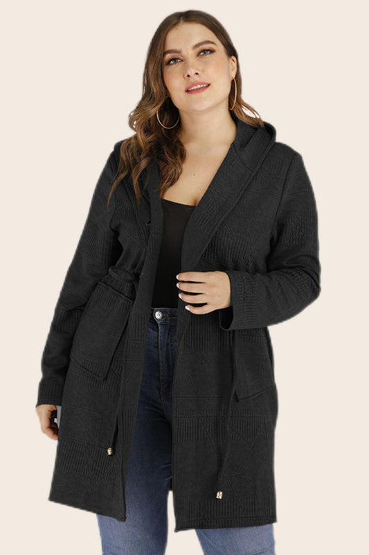 Full Size Drawstring Waist Hooded Cardigan with Pockets - Cardigan - Black - Bella Bourget