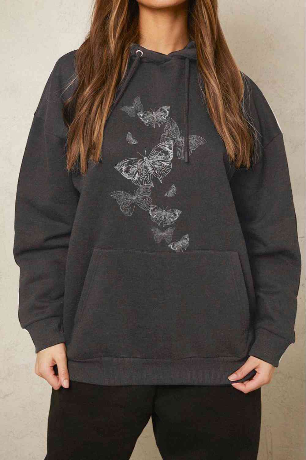 Full Size Dropped Shoulder Butterfly Graphic Hoodie - Hoodie - Charcoal - Bella Bourget