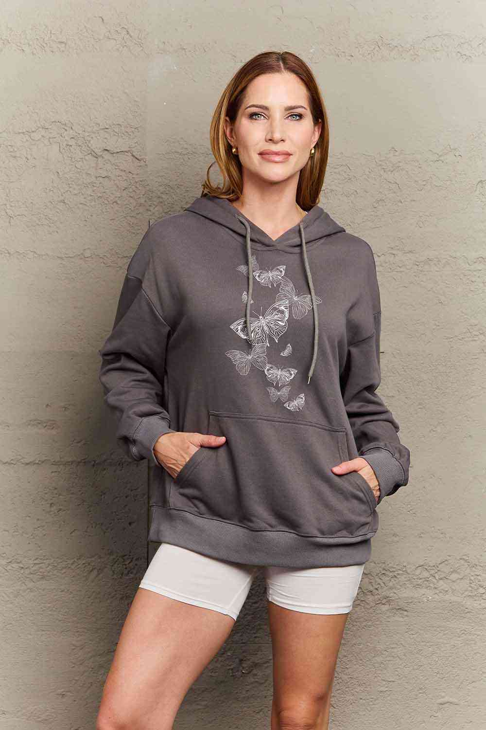 Full Size Dropped Shoulder Butterfly Graphic Hoodie - Hoodie - Charcoal - Bella Bourget