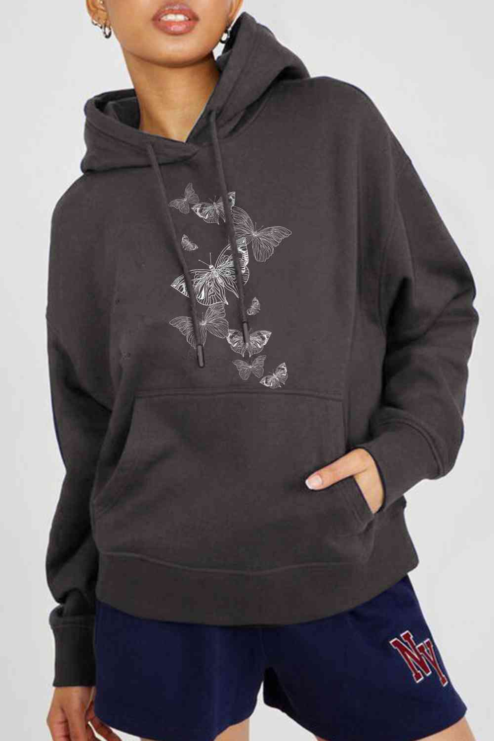 Full Size Dropped Shoulder Butterfly Graphic Hoodie - Hoodie - Charcoal - Bella Bourget