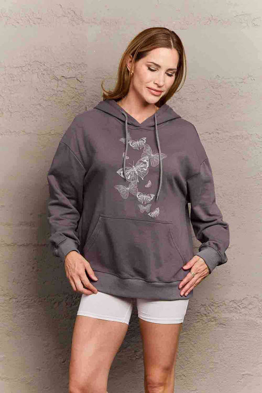 Full Size Dropped Shoulder Butterfly Graphic Hoodie - Hoodie - Charcoal - Bella Bourget