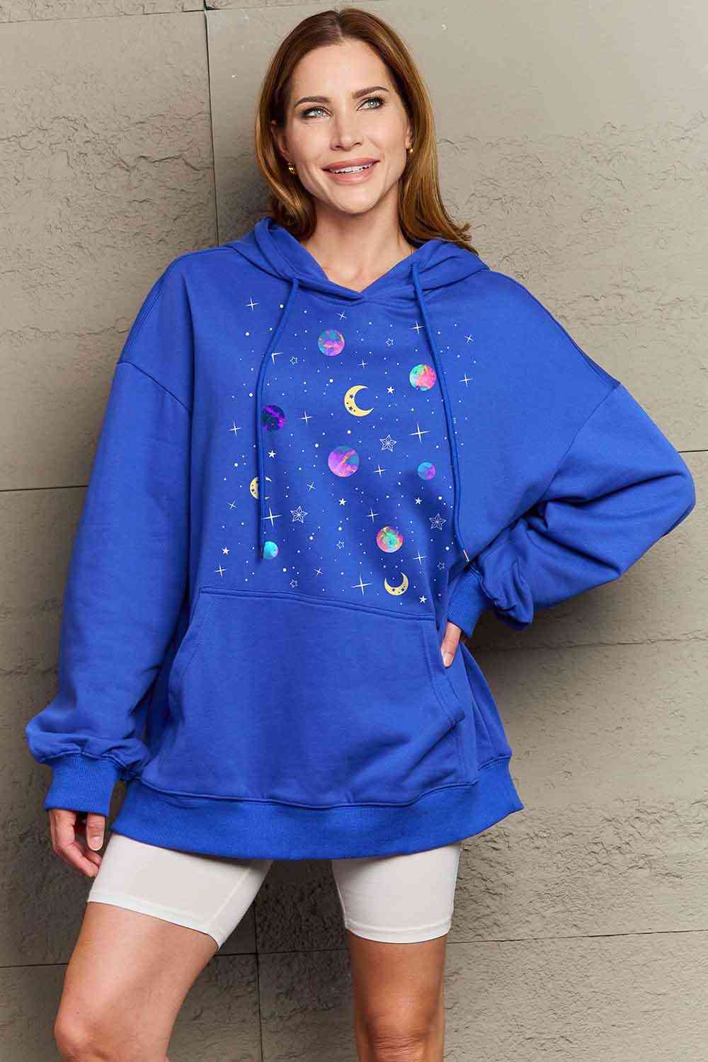 Full Size Dropped Shoulder Star & Moon Graphic Hoodie - Hoodie - Royal Blue - Bella Bourget