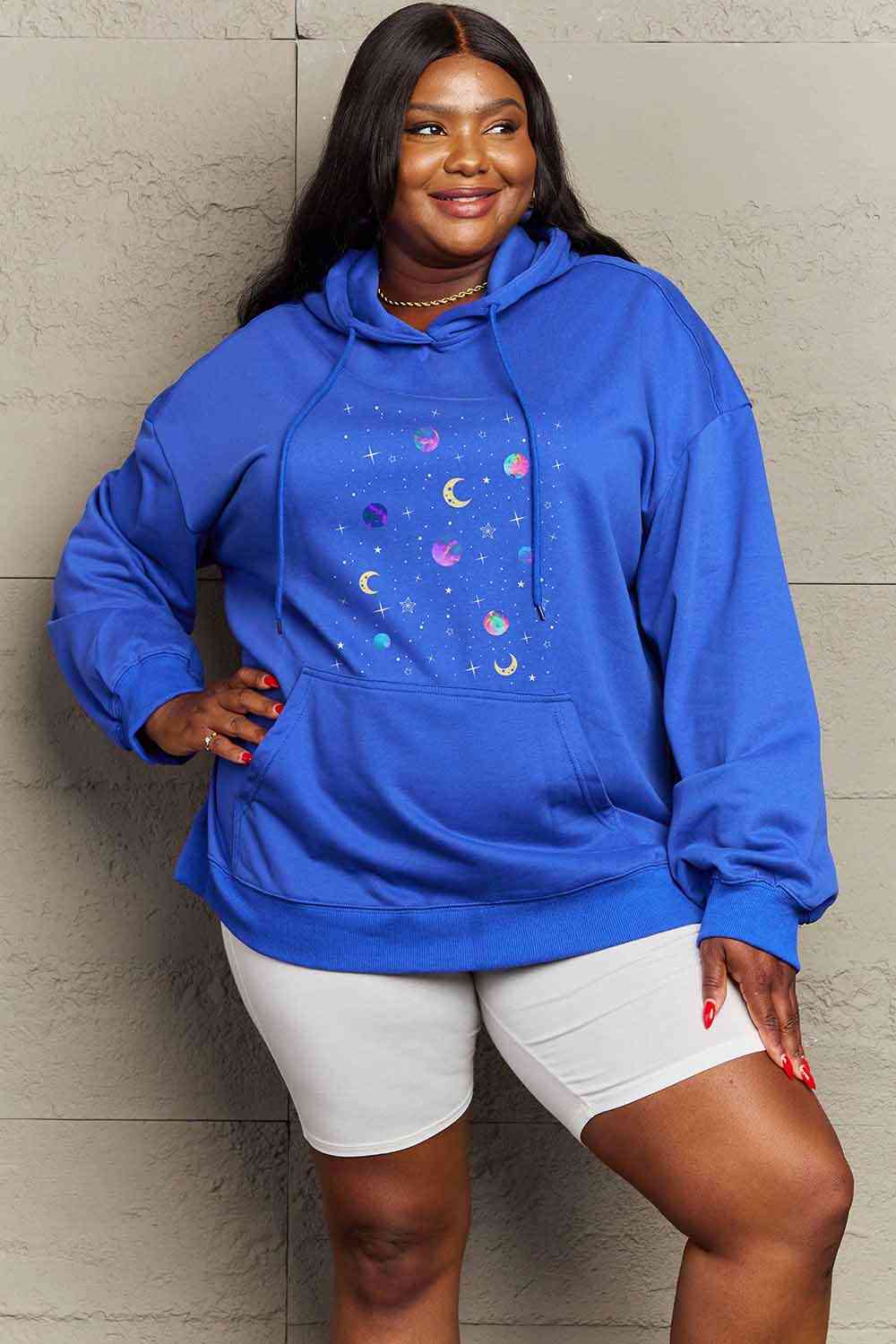 Full Size Dropped Shoulder Star & Moon Graphic Hoodie - Hoodie - Royal Blue - Bella Bourget