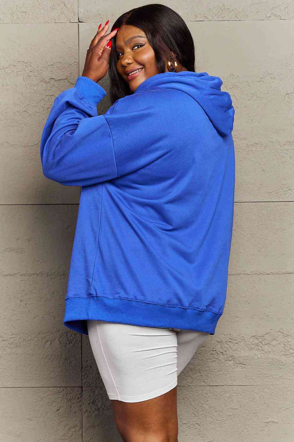 Full Size Dropped Shoulder Star & Moon Graphic Hoodie - Hoodie - Royal Blue - Bella Bourget