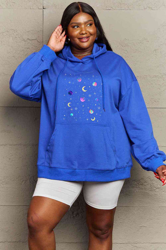Full Size Dropped Shoulder Star & Moon Graphic Hoodie - Hoodie - Royal Blue - Bella Bourget