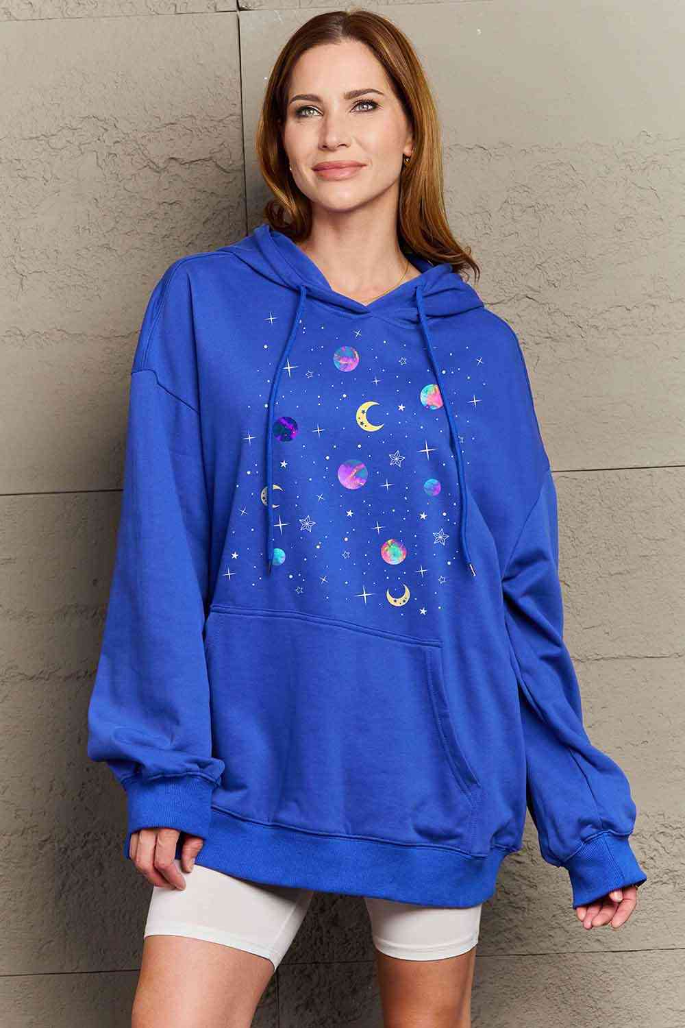 Full Size Dropped Shoulder Star & Moon Graphic Hoodie - Hoodie - Royal Blue - Bella Bourget