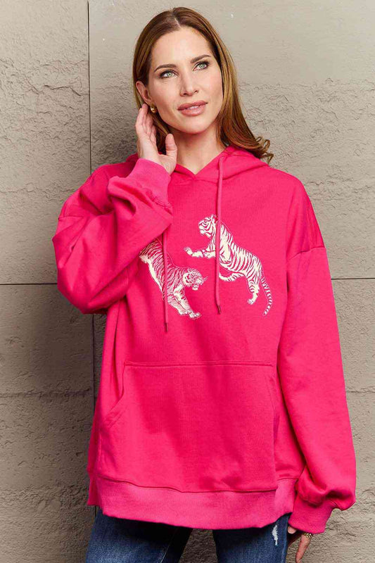 Full Size Dropped Shoulder Tiger Graphic Hoodie - Hoodie - Hot Pink - Bella Bourget
