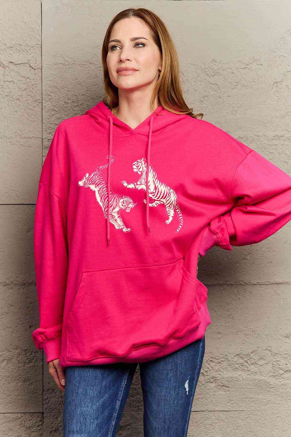 Full Size Dropped Shoulder Tiger Graphic Hoodie - Hoodie - Hot Pink - Bella Bourget