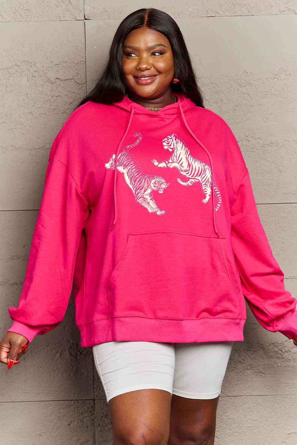 Full Size Dropped Shoulder Tiger Graphic Hoodie - Hoodie - Hot Pink - Bella Bourget