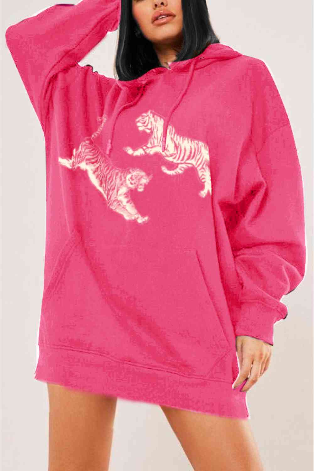 Full Size Dropped Shoulder Tiger Graphic Hoodie - Hoodie - Hot Pink - Bella Bourget